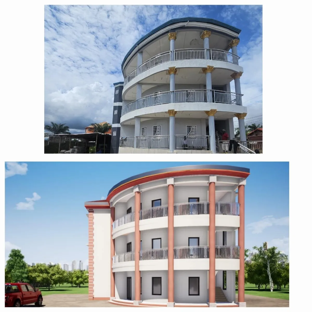 Immeuble R+2 Ansoumaniah : photographie de la façade arrondie en haut et représentation 3D en bas.