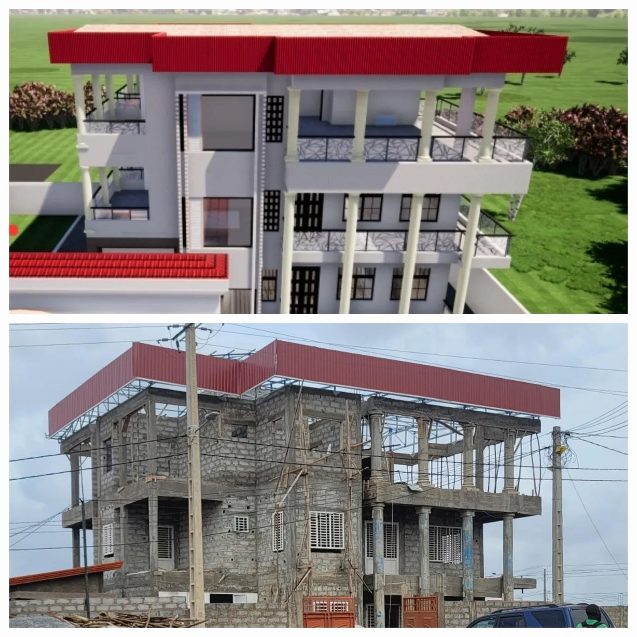 Projet Kagbelen : représentation 3D en haut et photographie du bâtiment en construction en bas.